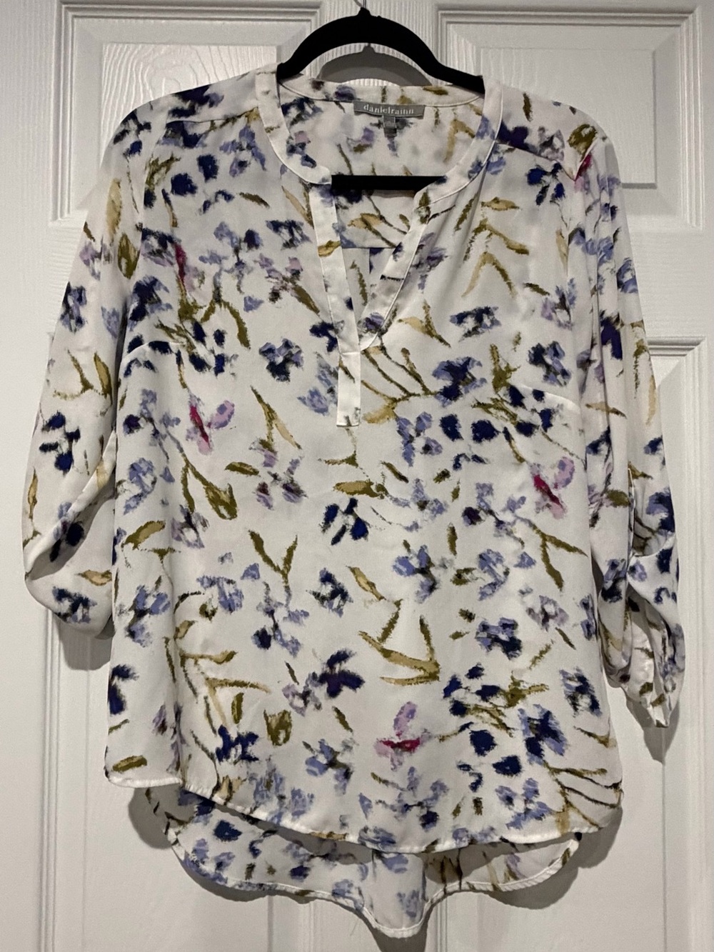 Daniel Rainn White Floral Henley Blouse with Blue and Olive Accents
